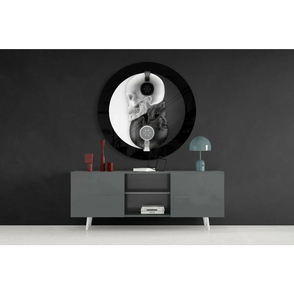 Yin Yang Skulls Tempered Glass Art with Headphones | Contemporary Home Wall Art | vintageantiquesgifts.com