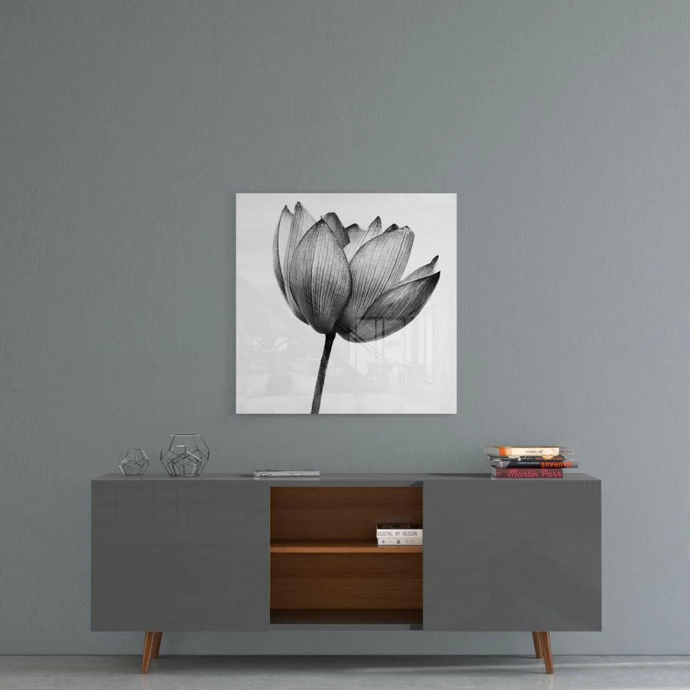 Black and white lotus canvas wall art print on gray wall
