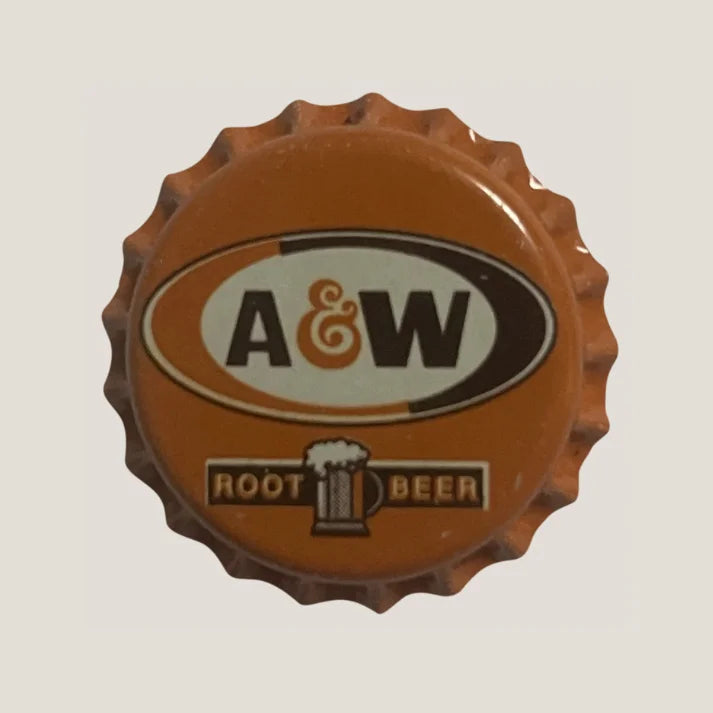 Orange bottle cap with A&W logo and root beer mug graphic.