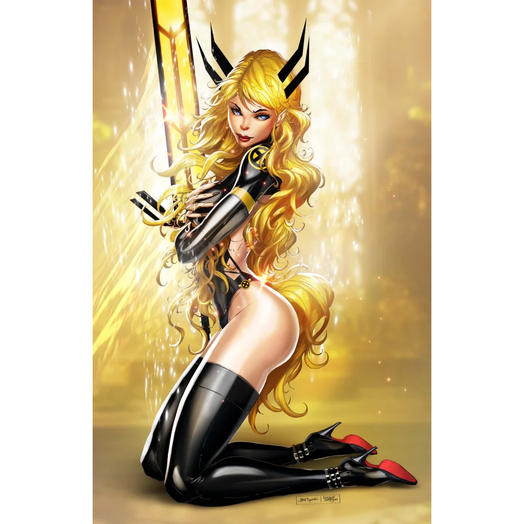 Blonde mutant sorceress kneeling with yellow metal sword print