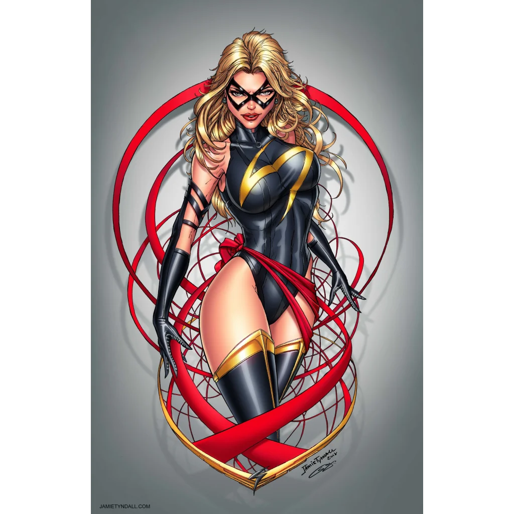 Blonde superheroine in black gold bodysuit on brushed aluminum print