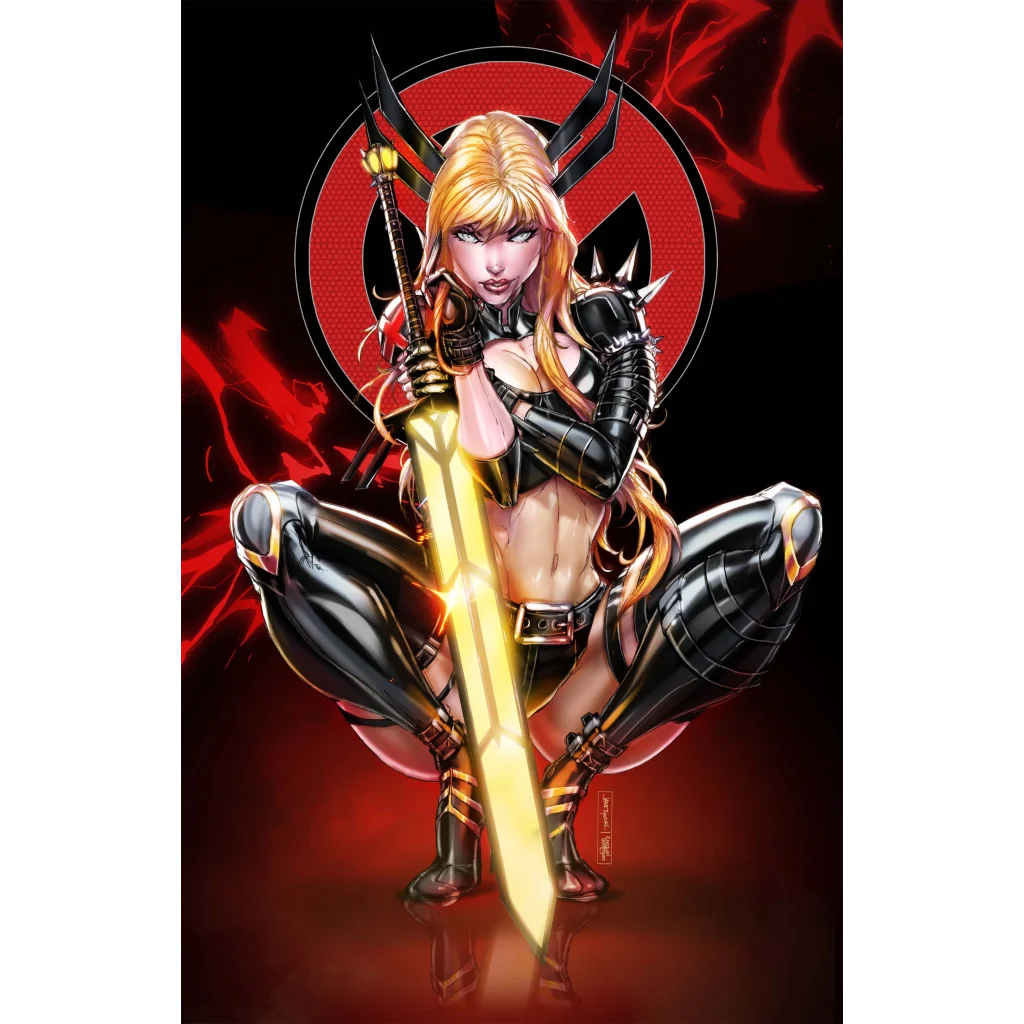 Blonde warrior queen in black gold armor with glowing sword on brushed aluminum print