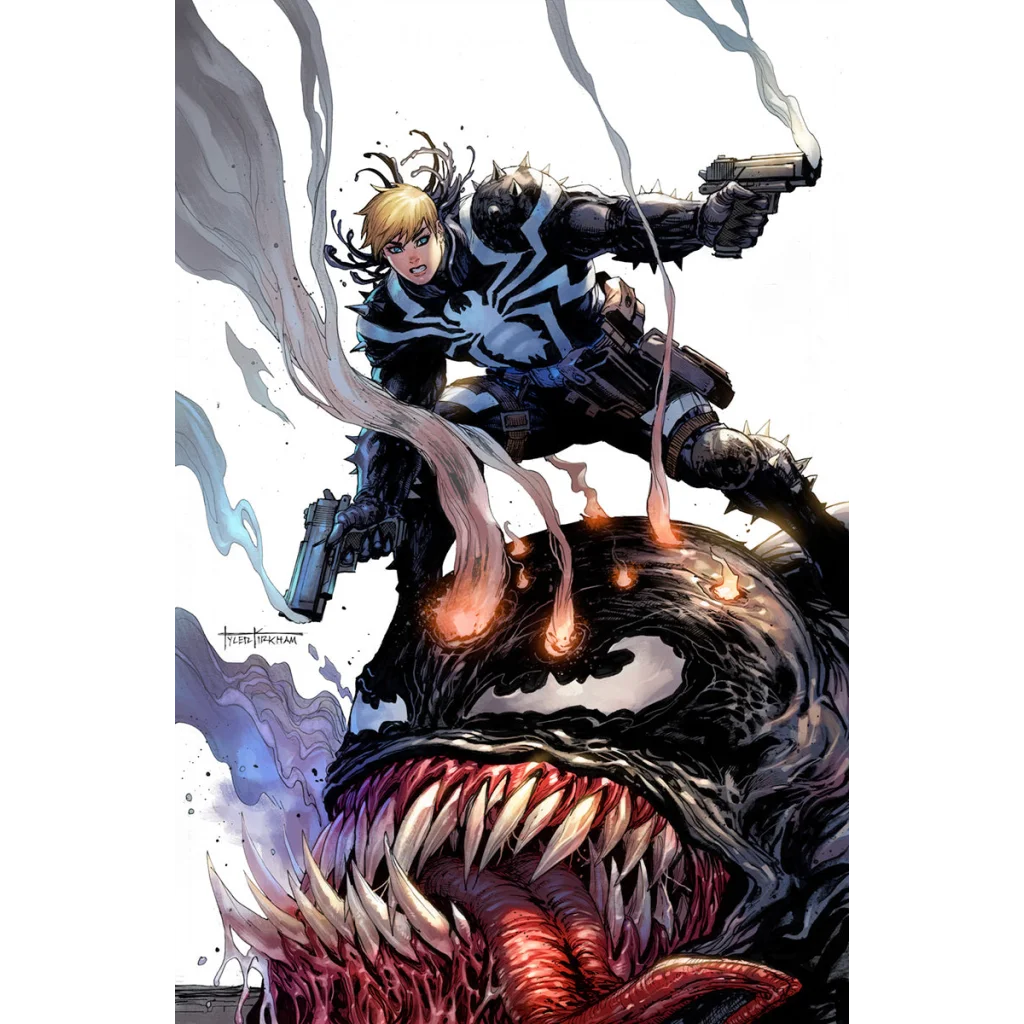 Blonde woman in black and white Venom suit with pistols on giant Venom creature