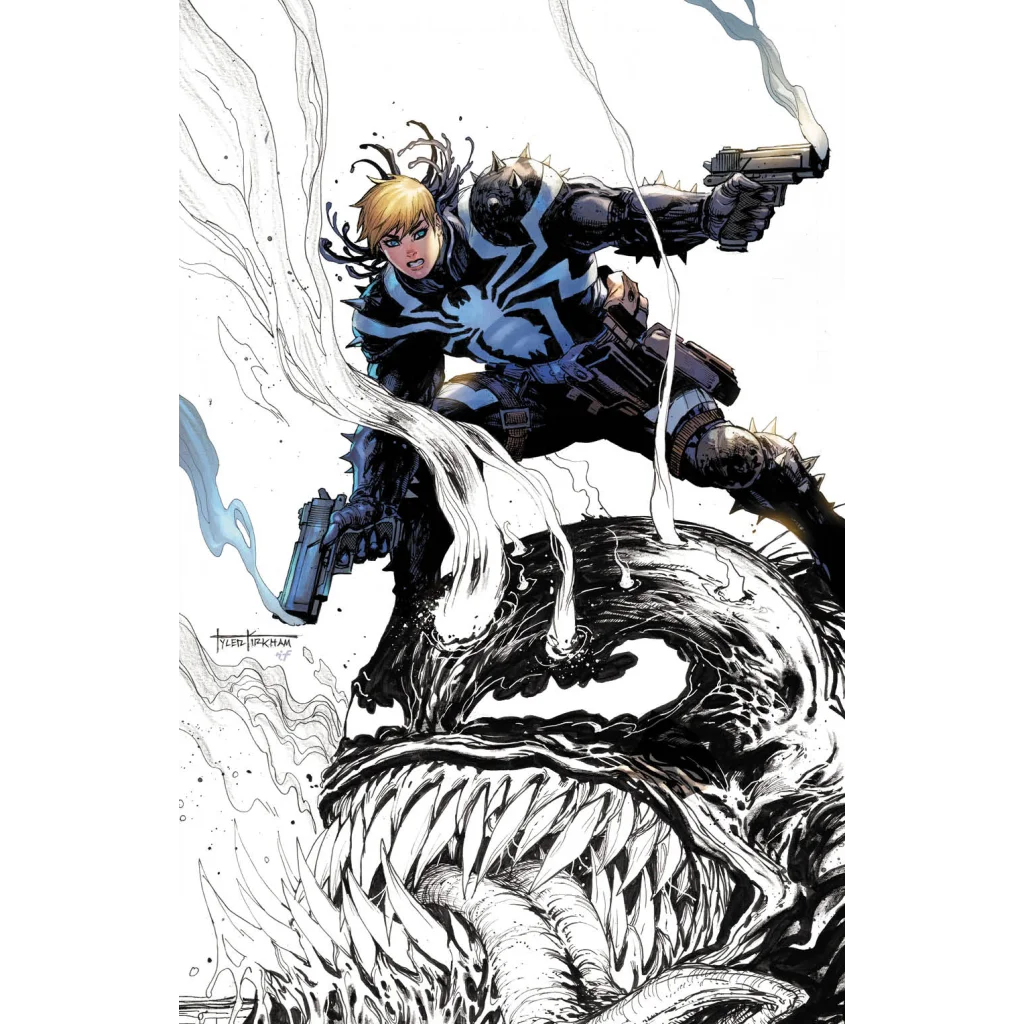 Blonde woman in Venom suit with spikes and pistols on a black symbiote background