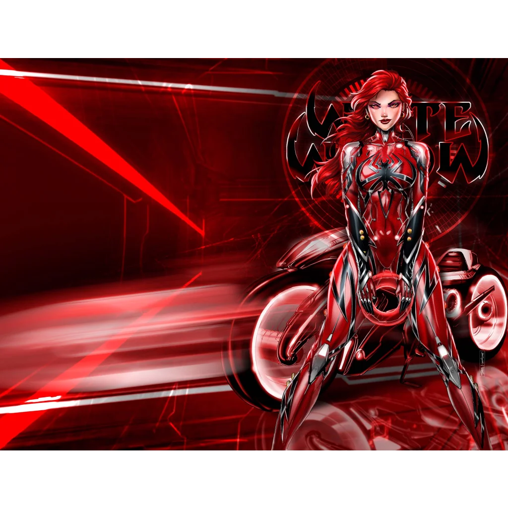 Nycc Blood Widow in red black armored superheroine suit with glowing accents