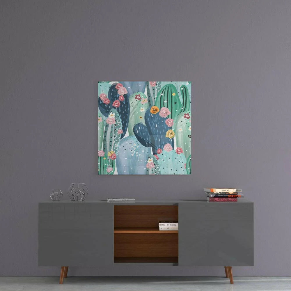 Stylized teal green cacti with pink yellow flowers wall art canvas print