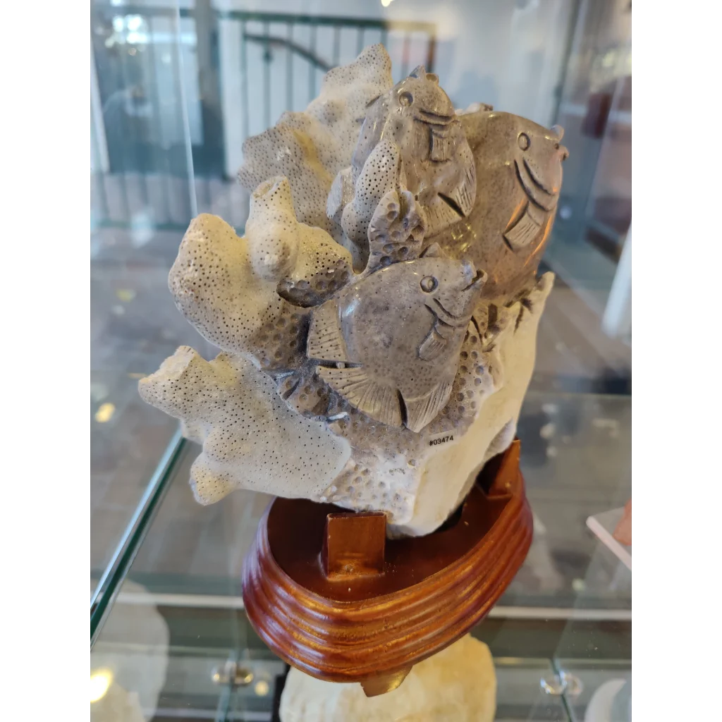 Gray stone blue coral reef fish life carving on wood base