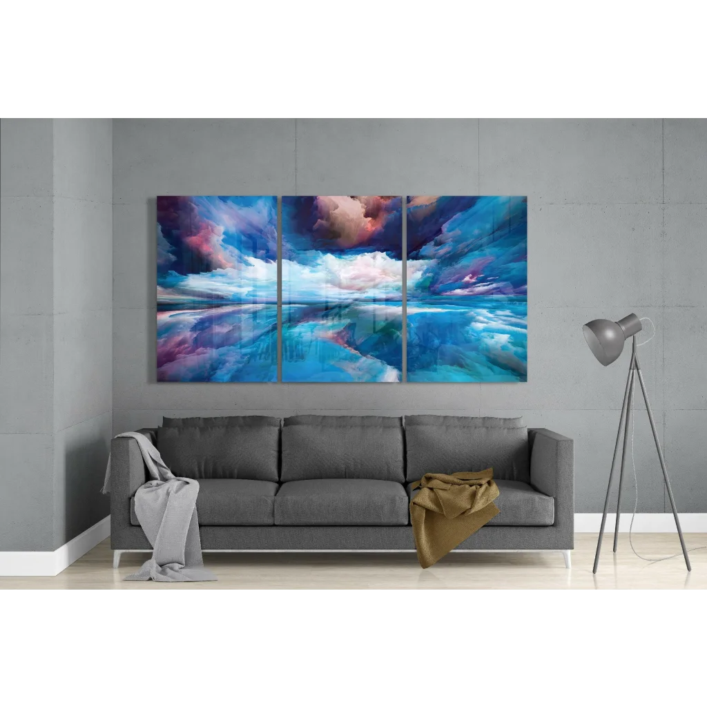 Vibrant swirling sky glass wall art triptych in blues, purples, pinks
