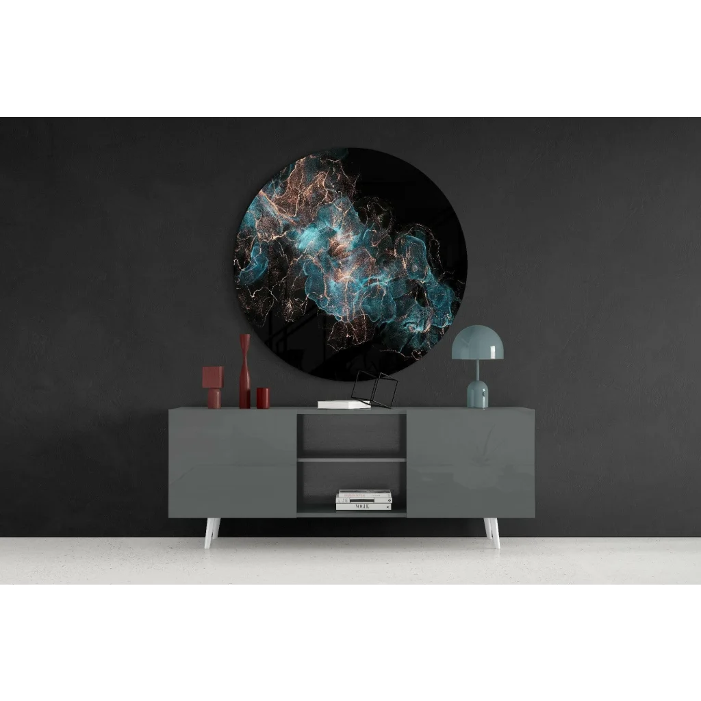 Blue Explosion tempered glass art with cosmic teal swirls