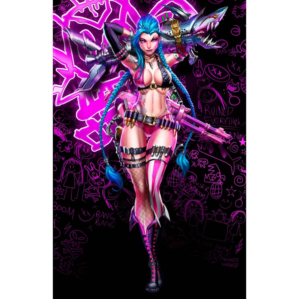 Stylized blue haired warrior girl on brushed aluminum print