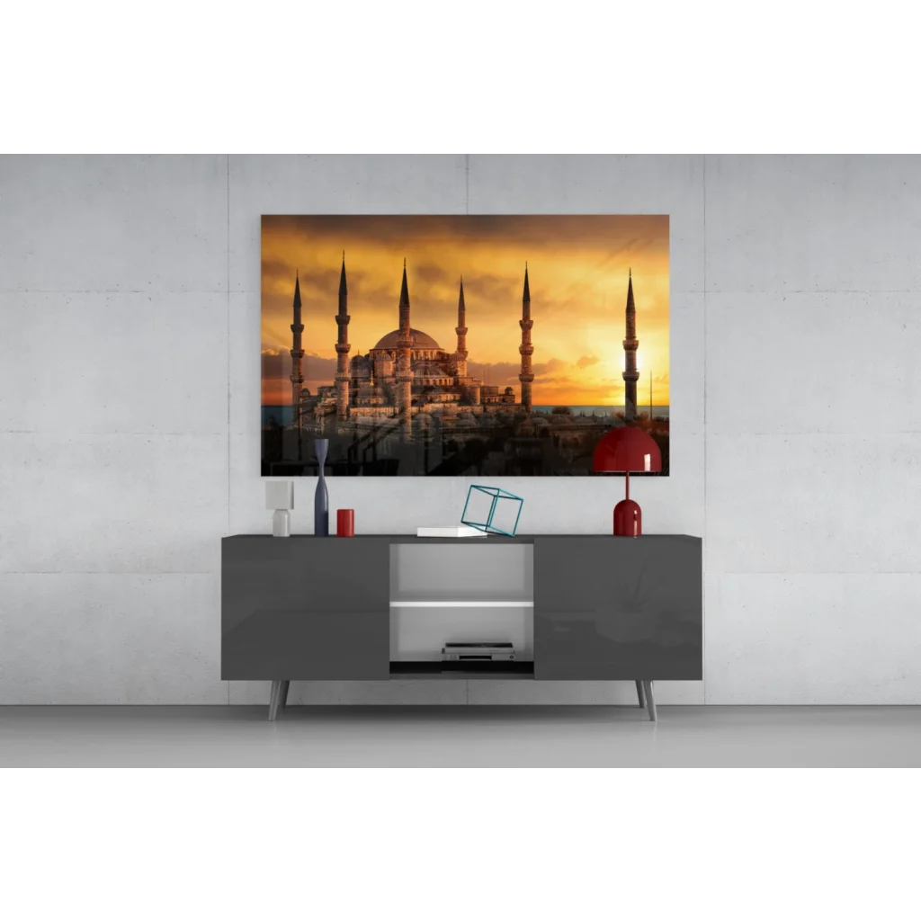 Blue Mosque sunset glass wall art with orange hues and minaret silhouette