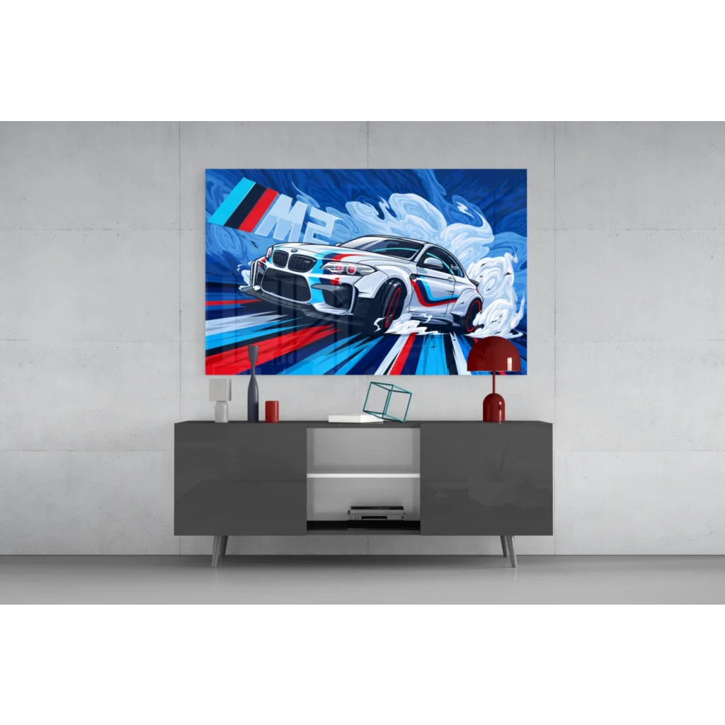 Vibrant BMW M4 poster on glass wall art with blue red accents