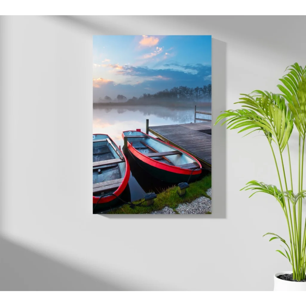 Two rowboats moored at misty dock on Insigne Aluminum Prints
