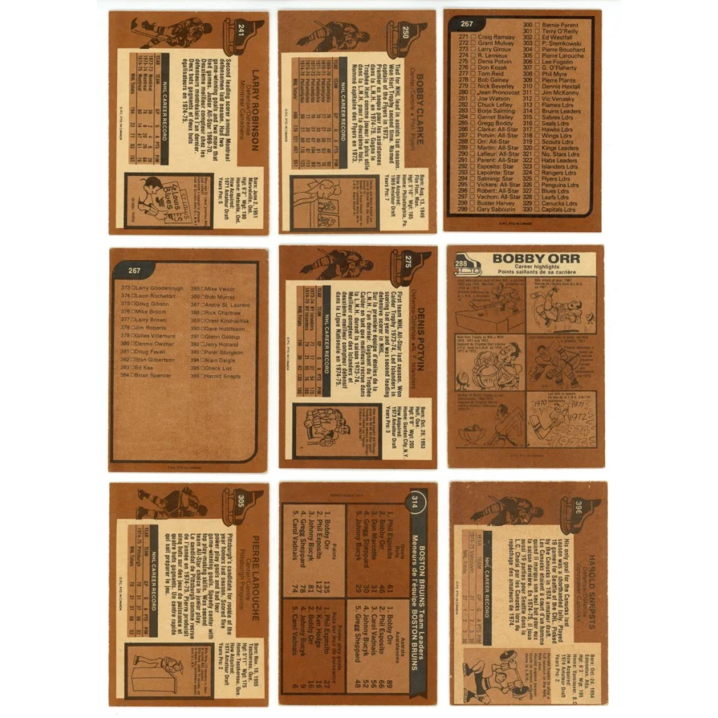 Vintage hockey trading cards featuring Bobby Orr from the complete set break