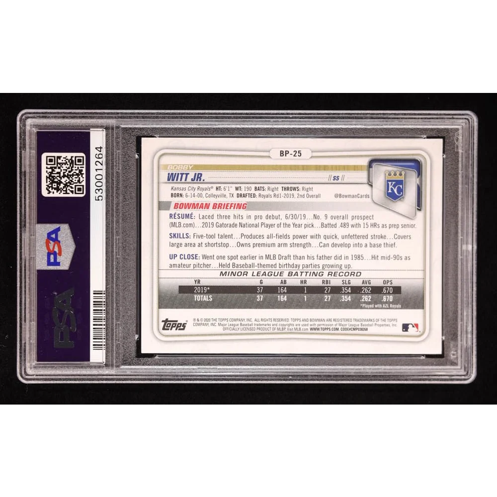 Bobby Witt Jr baseball card in PSA slab from Bobby Witt Jr Signed 2020 Bowman Card BGS