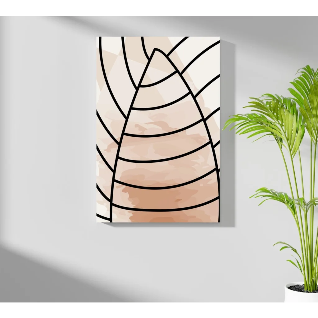 Modern peach conical abstract canvas art with bold black lines on beige