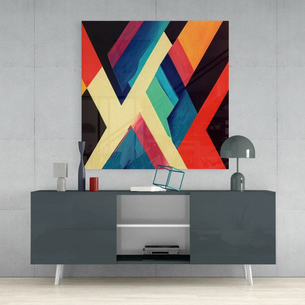 Vibrant bold striped glass wall art on black background