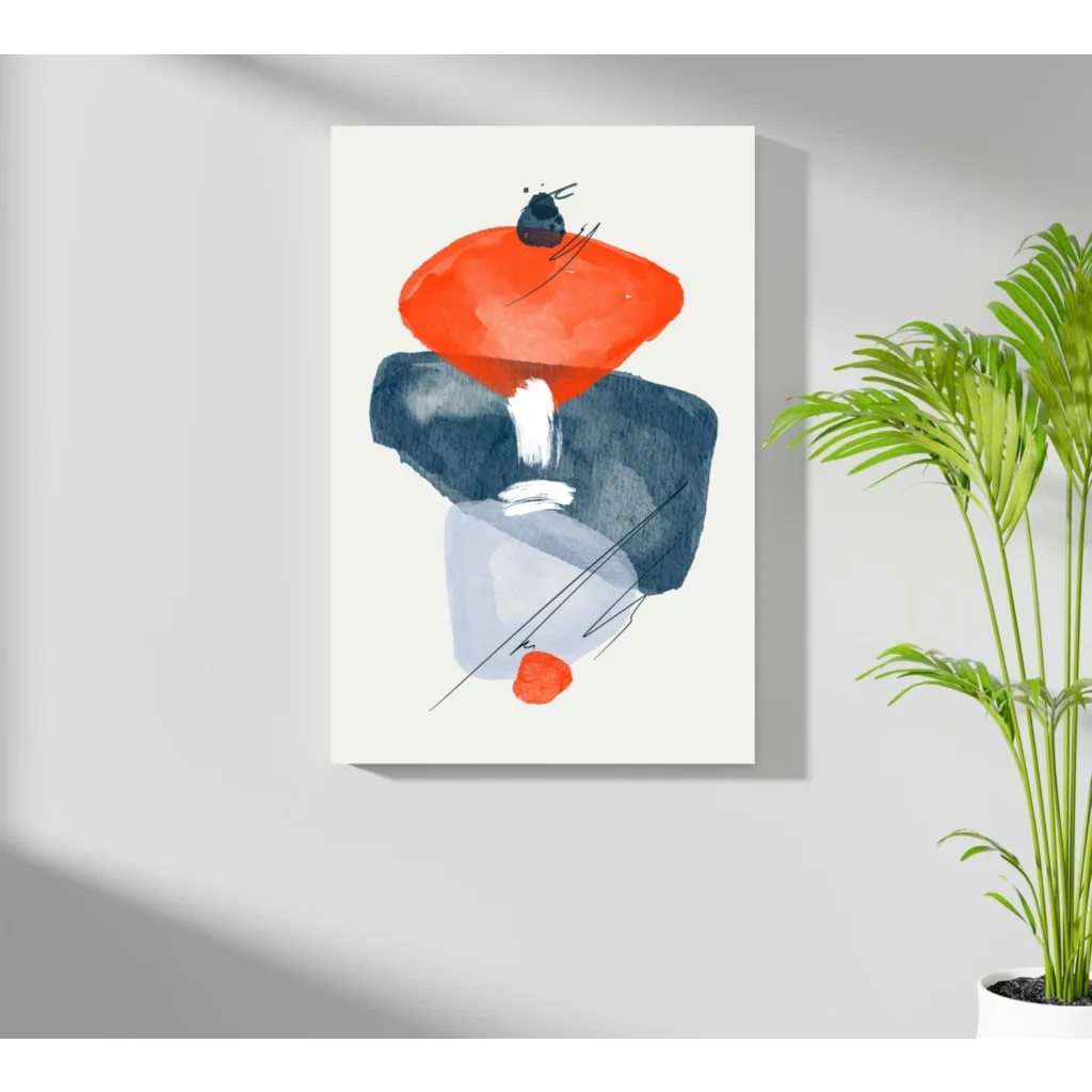 Bold orange and navy abstract watercolor aluminum print with geometric shapes