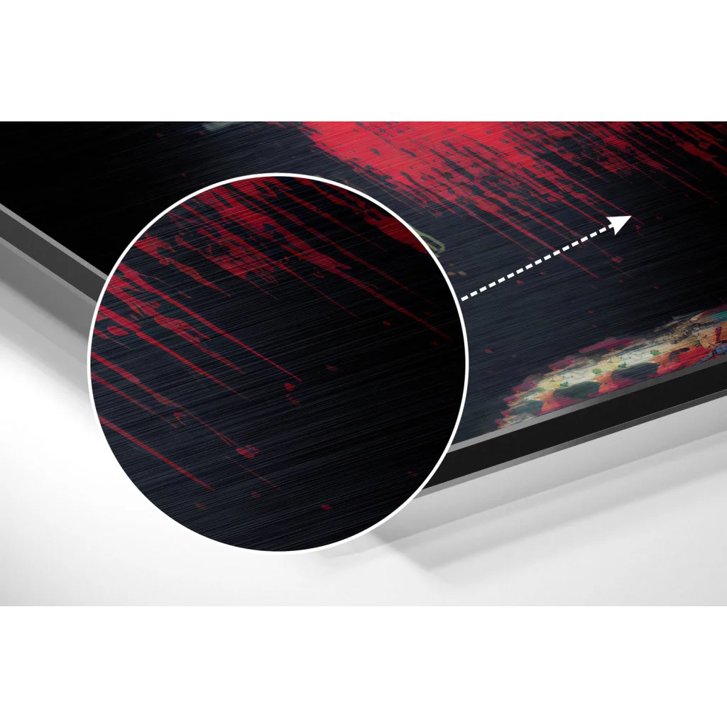 Bold red abstract streaks on dark textured brushed aluminium dibond