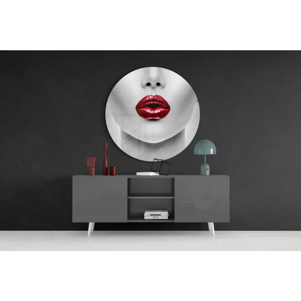 Bold red lips on monochrome face in tempered glass art circle