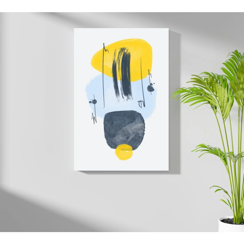 Bold yellow and blue abstract aluminum art print on white with black accents