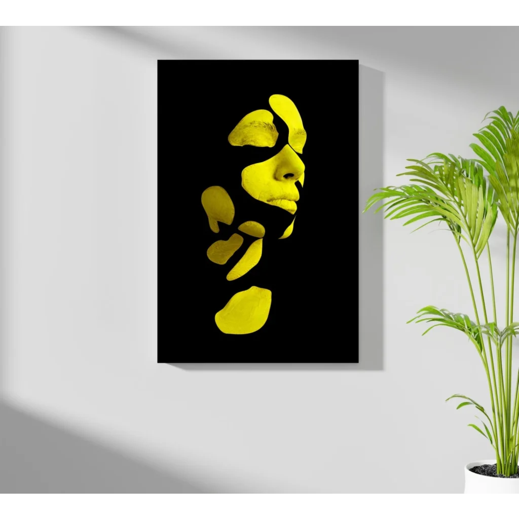 Bold yellow abstract face silhouette on black canvas print
