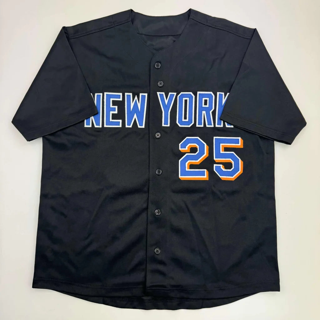 Black custom jersey with NEW YORK 25 in blue and orange for sports league fans