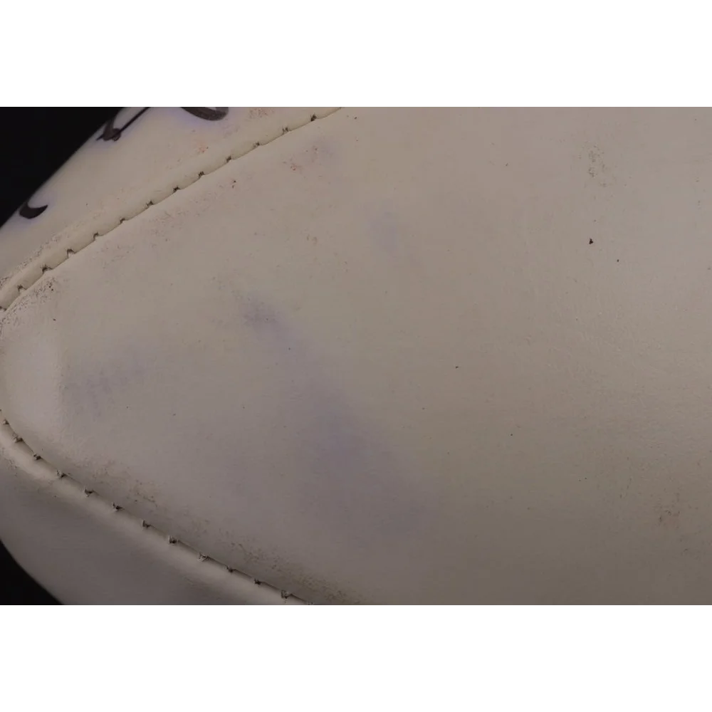 White shiny handbag with faint purple stains, perfect for Super Bowl XXXVII fans