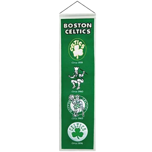 Boston Celtics logo evolution heritage banner in green with white logos