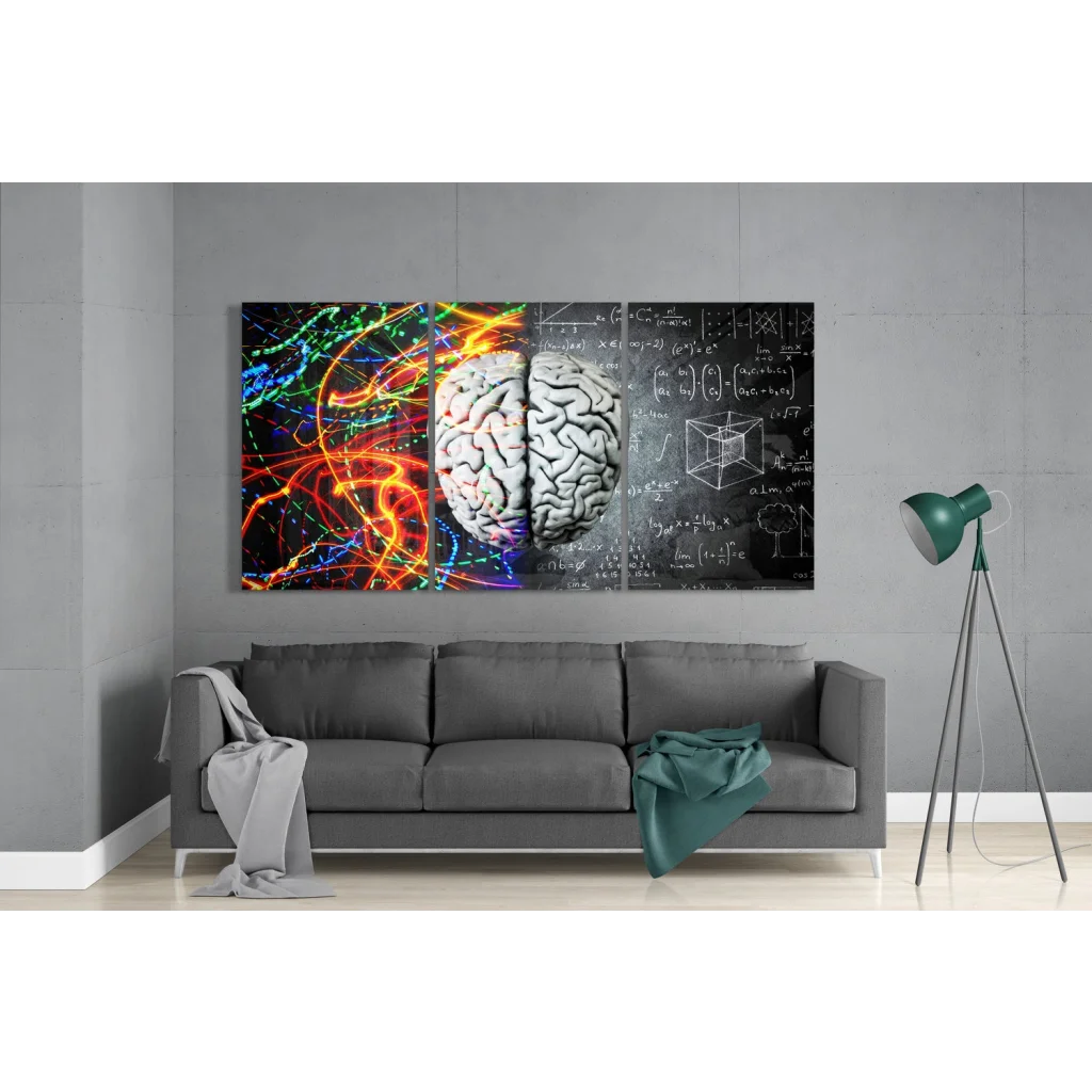 Brain anatomy glass art with neon math equations tri-panel print