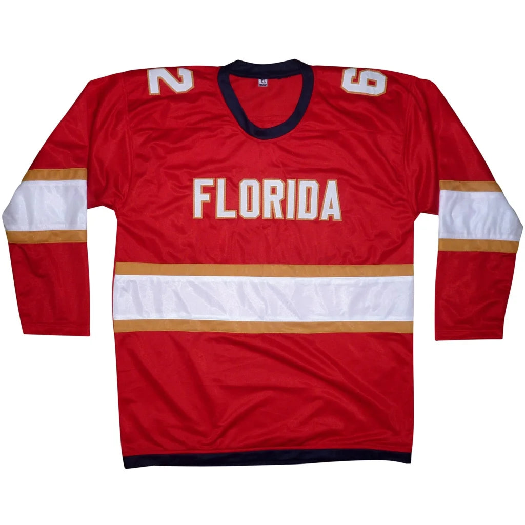 Brandon Montour autographed custom hockey jersey in red with white gold stripes navy collar and cuffs for autographed Florida fans