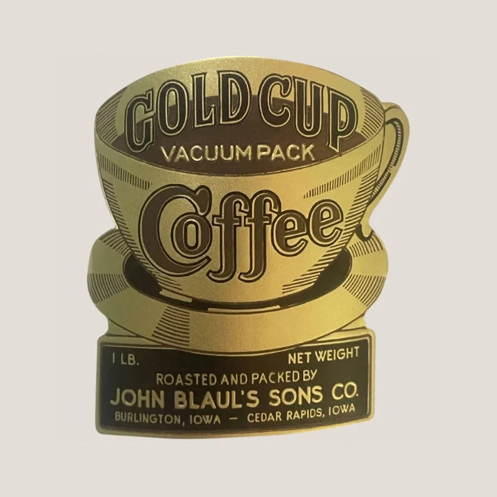Antique 1910s Gold Cup vacuum pack coffee tin with stylish cup and saucer design