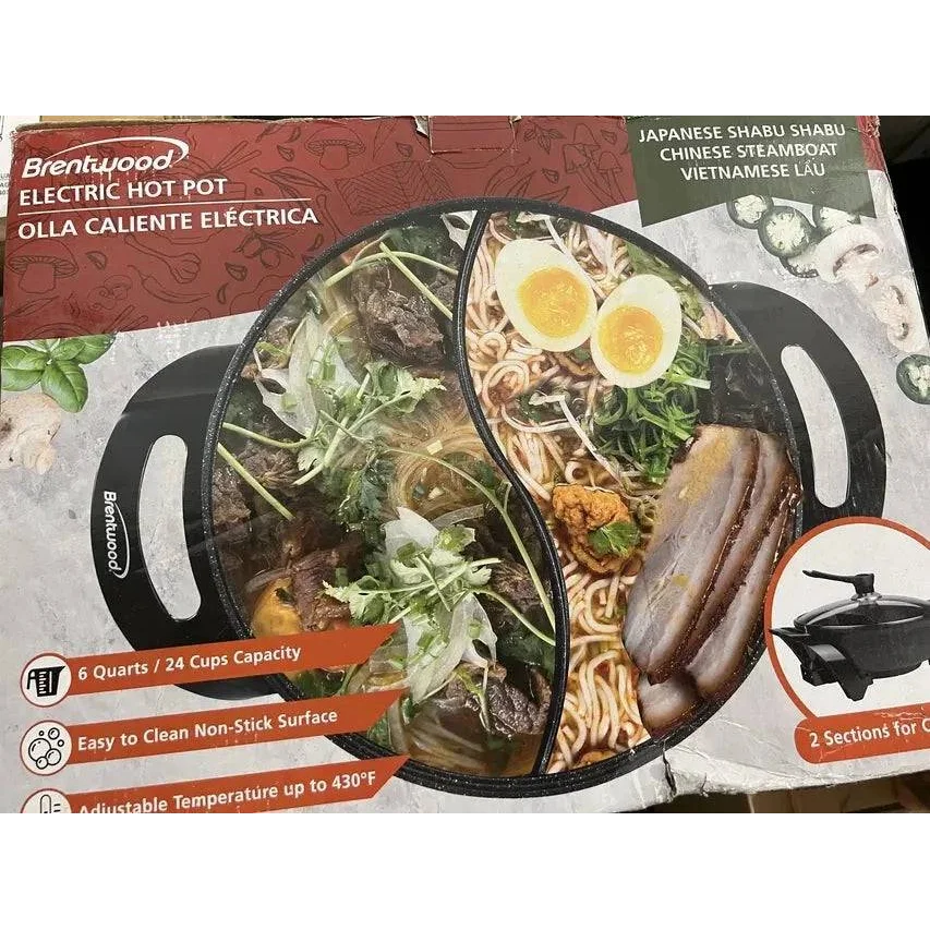 Brentwood boxed electric hot plate with 6-quart capacity and adjustable temp for shabu shabu