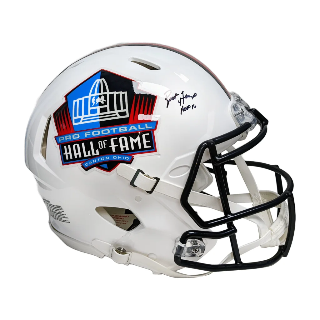 Brett Favre signed HOF white football helmet with black accents and autographs