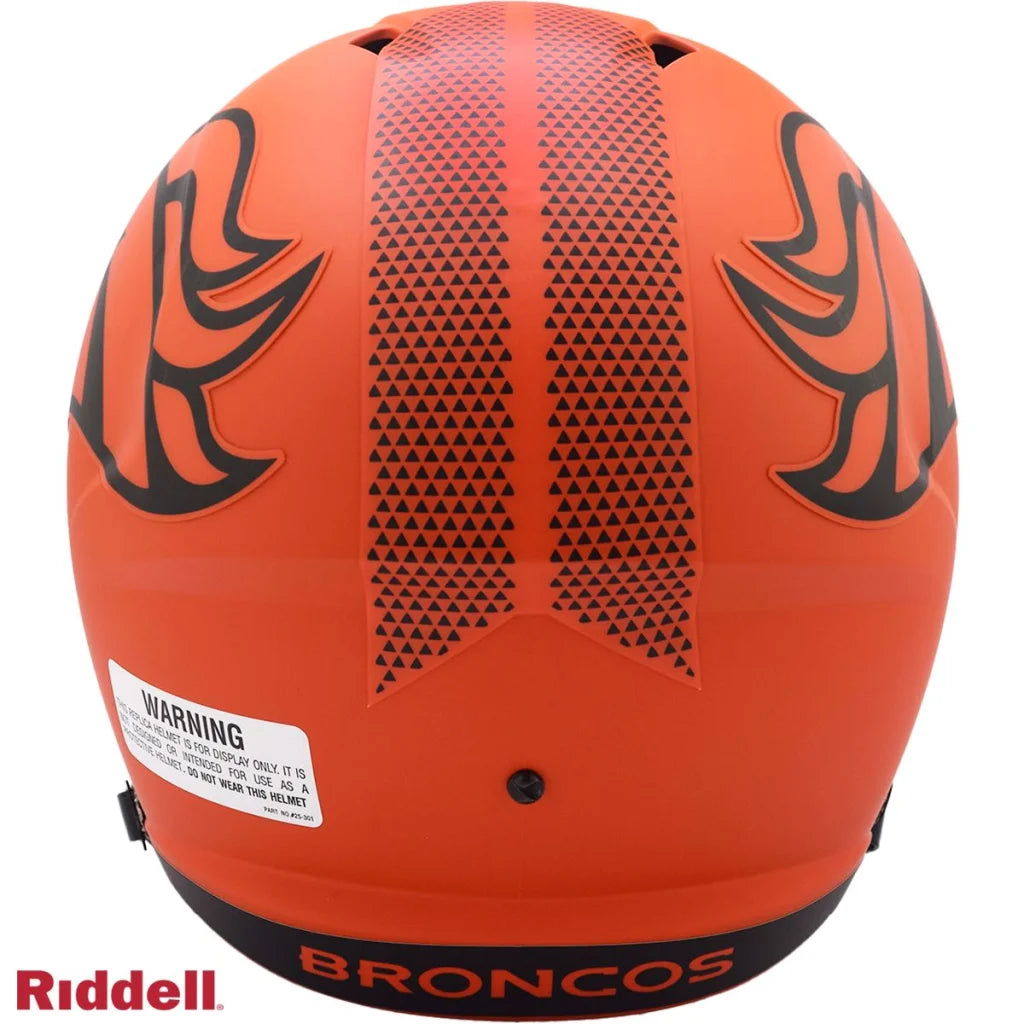 Bold orange Broncos replica football helmet with black accents and Riddell logo