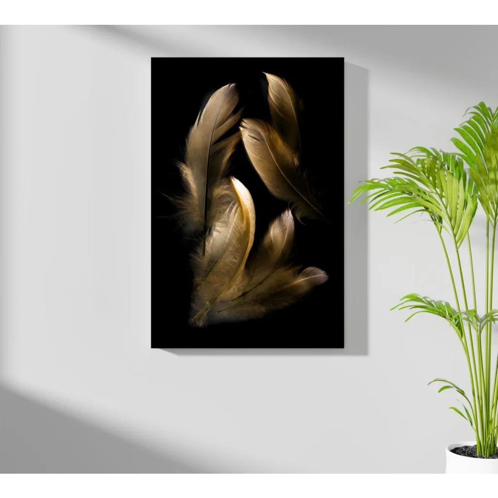 Golden feathers insigne aluminum prints on black canvas wall art
