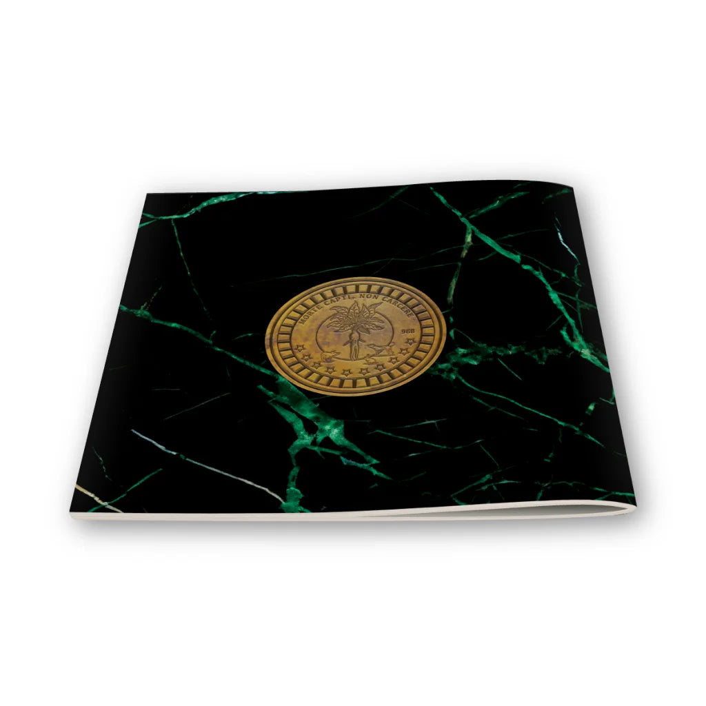 Black and green marble vinyl decal with gold emblem from Bruce Dickinson Mandrake Project