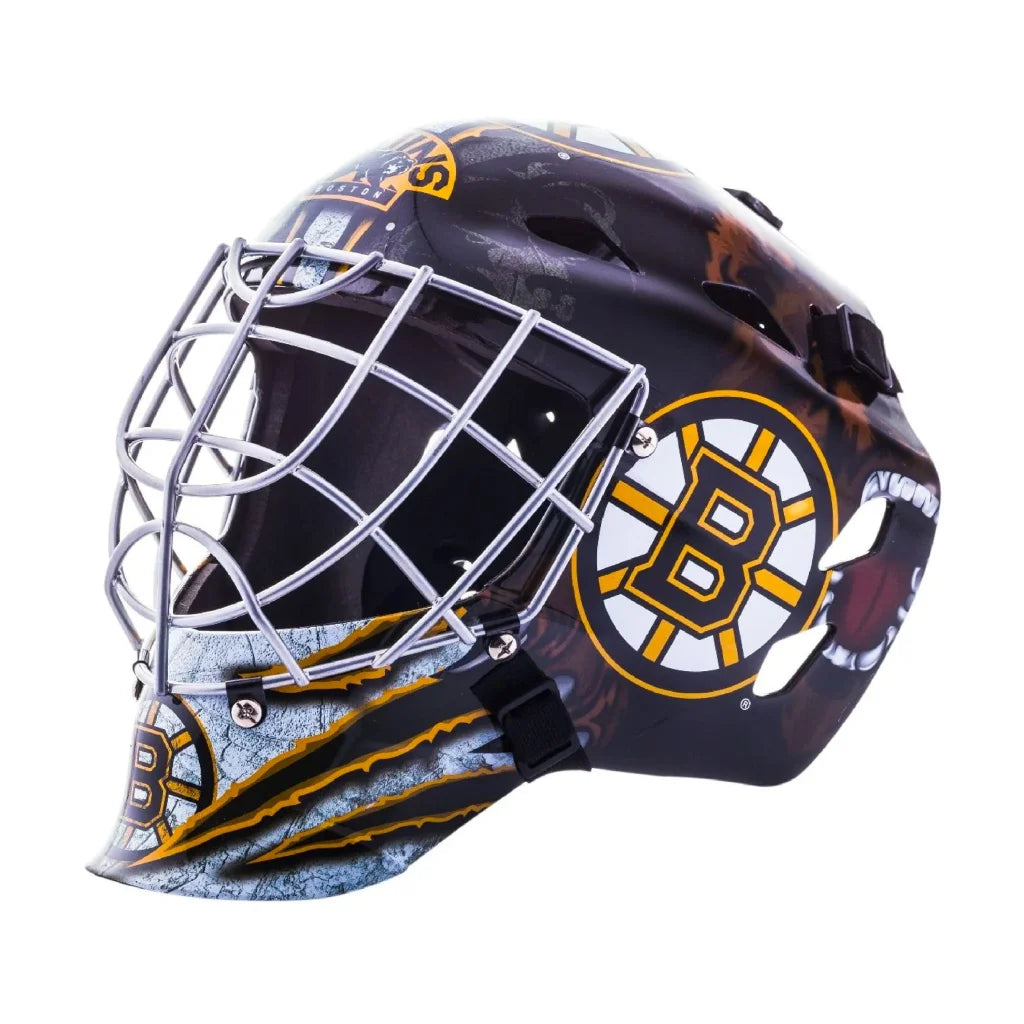 Black and gold Boston Bruins street hockey goalie mask with steel cage and B logo