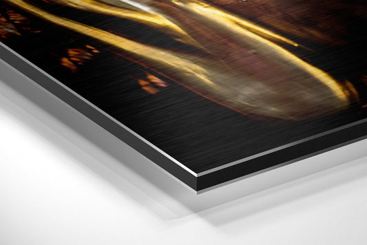 Angled product shot displaying layered aluminum dibond construction with golden Buddha artwork visible on black brushed surface.