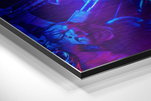 Angled closeup of brushed aluminum dibond wall art with vibrant blue and purple neon aesthetic, showing layered edge detail and gloss finish.