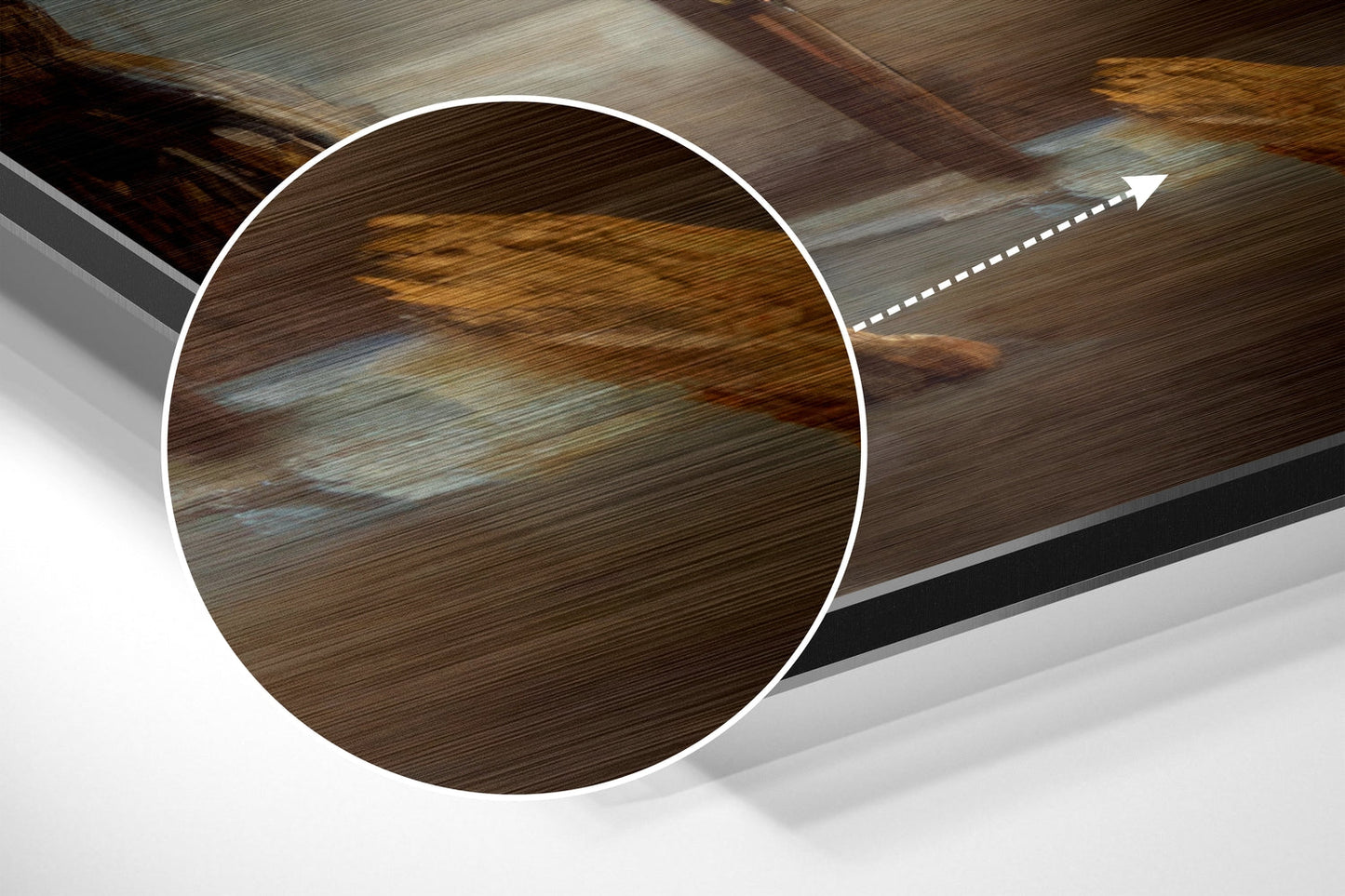 Close-up circular detail showing brushed wood grain texture in brown and tan tones with white border against white background.
