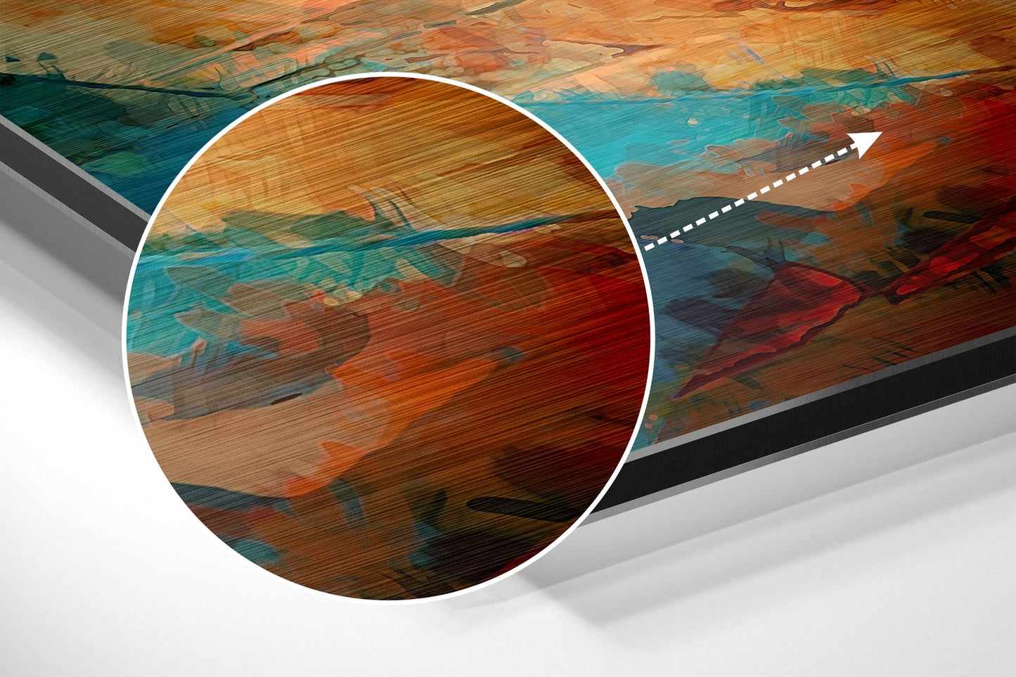 Close-up detail of brushed aluminum wall art showing layered abstract brushstrokes in turquoise, red, orange, and natural wood tones.