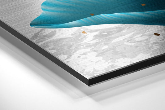 Close-up angled view of framed aluminum dibond wall art showing teal brushstrokes, white marble texture, and gold accents with black border.