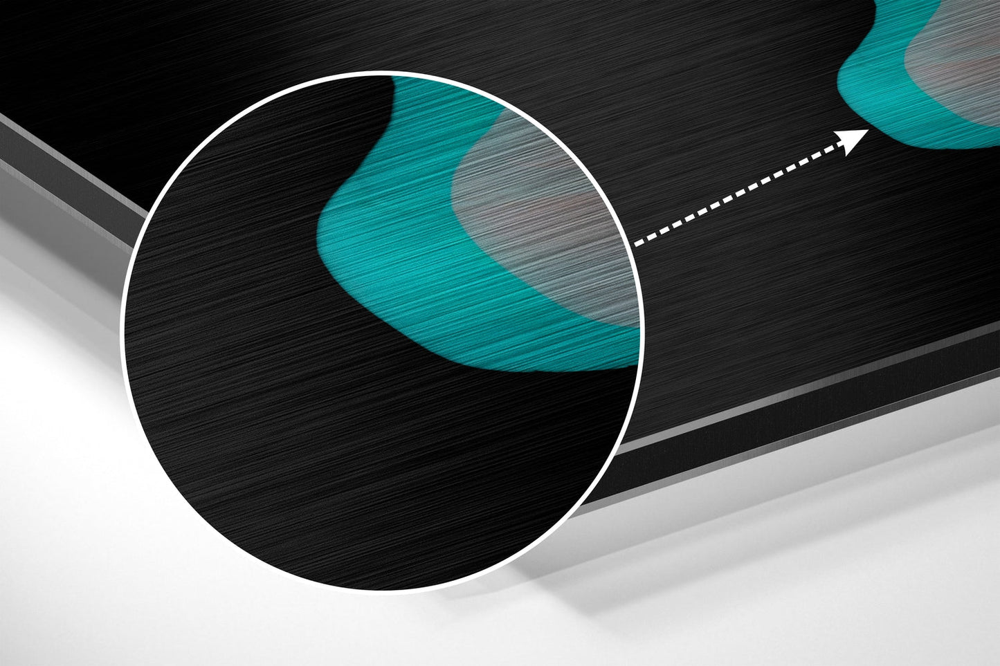 Abstract brushed aluminum wall art with turquoise curved shapes and directional arrow on dark textured background.