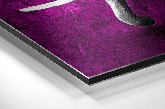 Angled perspective view of magenta brushed aluminum wall art with gray elephant silhouette, showing layered edge construction and glossy finish.