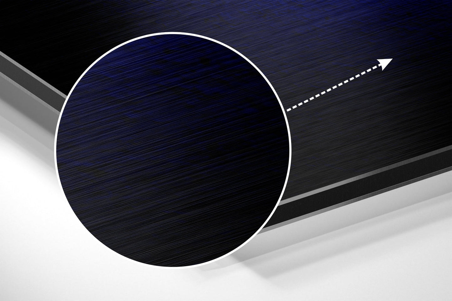 Dark blue brushed aluminum circle with white border and directional arrow on angled gray and white geometric background.
