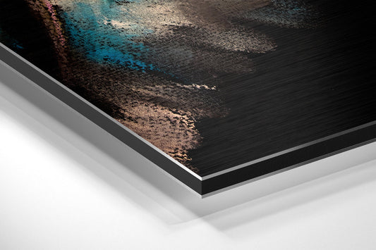 Close-up angled view of layered Dibond print showing brushed aluminum edges, teal and brown painted horse head artwork with textured surface detail.