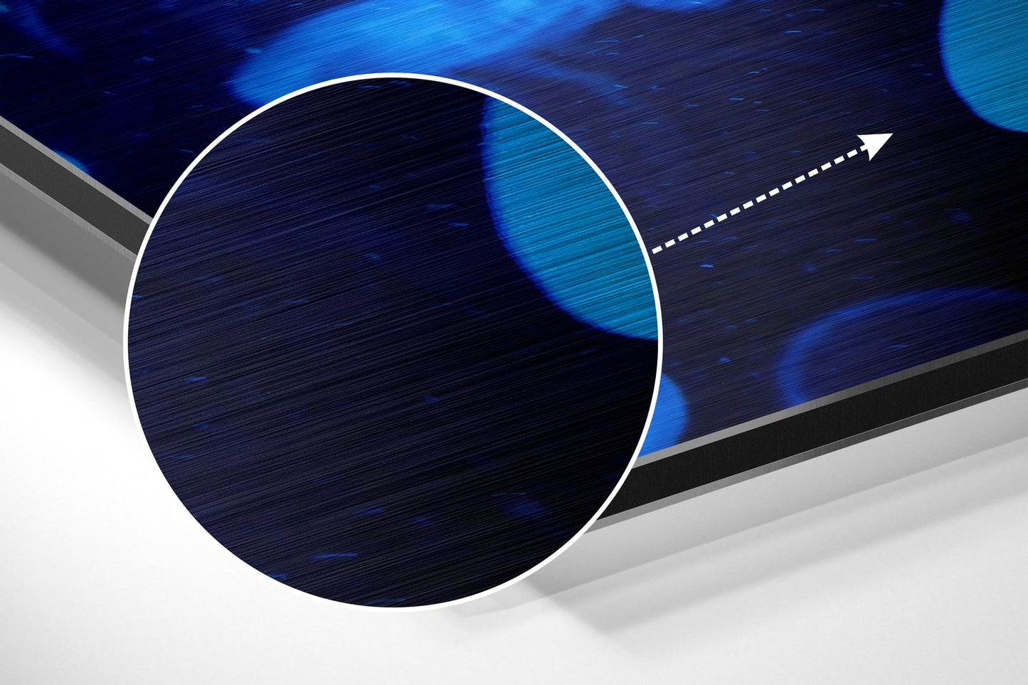 Abstract 3D product visualization showing white-framed circular brushed aluminum panel with blue gradient lighting and directional arrow.