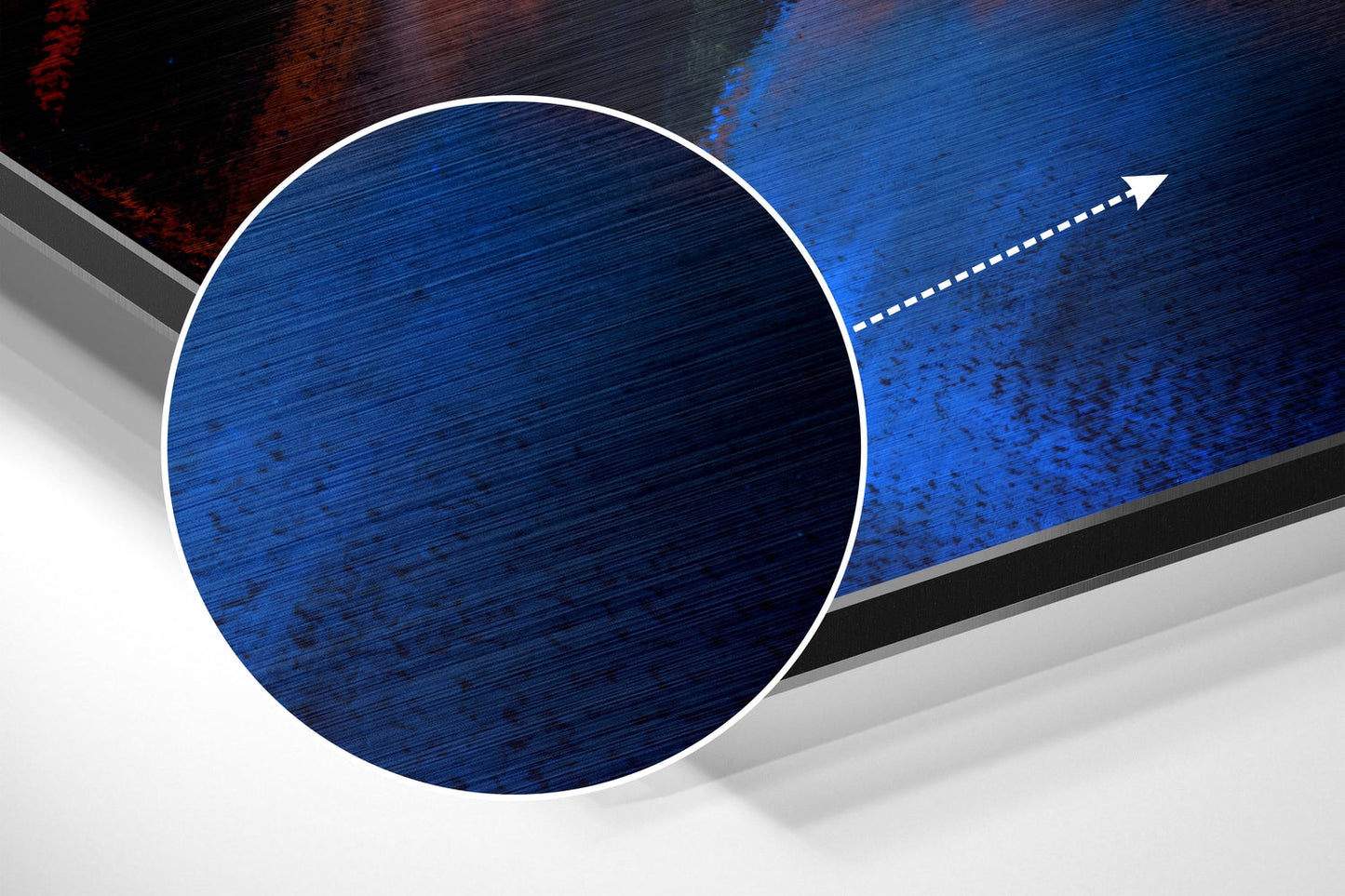 Abstract blue brushed aluminum circle with white border and directional arrow on angled geometric background.