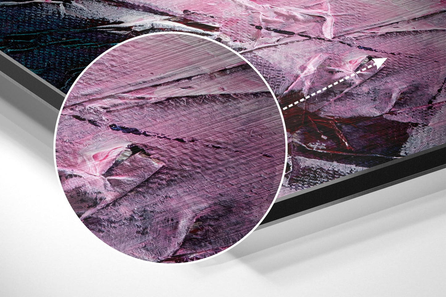 Close-up detail of brushed aluminium Dibond wall art showing purple and pink abstract brushstrokes with horizontal texture patterns and dark accents.